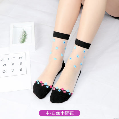 Fashion floral pattern series crystal silk stockings mid-calf women's stockings transparent glass silk with cotton bottom manufacturer