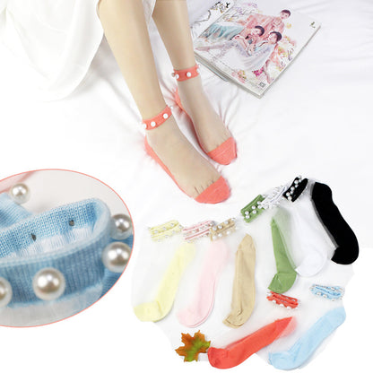 Pearl Stockings Children's Trend Summer Transparent Glass Fiber Crystal Stockings Thin Lace Japanese Style Short Stockings Small Opening