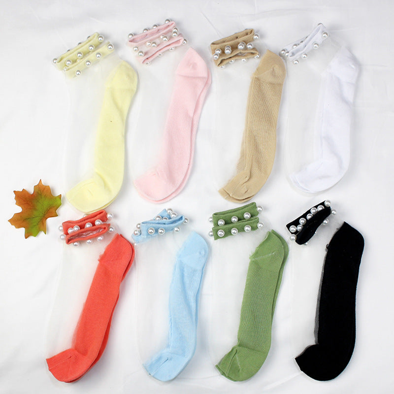 Pearl Stockings Children's Trend Summer Transparent Glass Fiber Crystal Stockings Thin Lace Japanese Style Short Stockings Small Opening