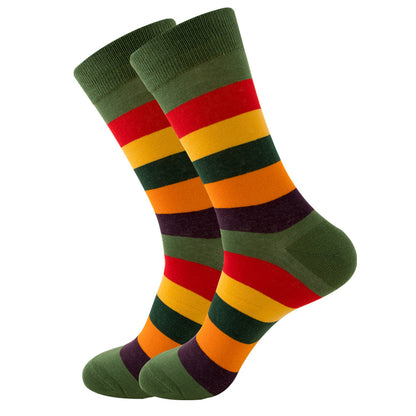 The same style striped men's and women's socks, trendy and colorful, for street wear, featuring a bold and unique design in mid-calf length.