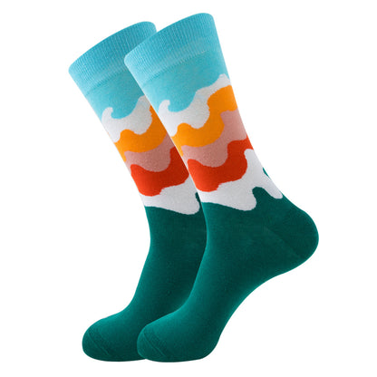The same style striped men's and women's socks, trendy and colorful, for street wear, featuring a bold and unique design in mid-calf length.