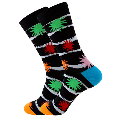 The same style striped men's and women's socks, trendy and colorful, for street wear, featuring a bold and unique design in mid-calf length.