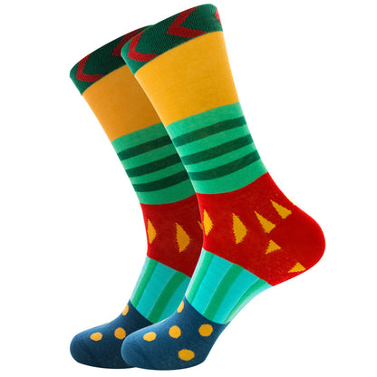 The same style striped men's and women's socks, trendy and colorful, for street wear, featuring a bold and unique design in mid-calf length.