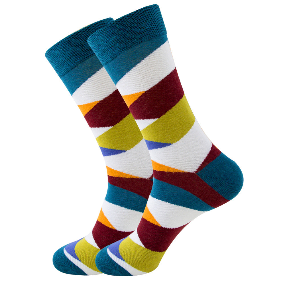 The same style striped men's and women's socks, trendy and colorful, for street wear, featuring a bold and unique design in mid-calf length.