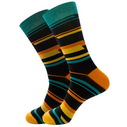 The same style striped men's and women's socks, trendy and colorful, for street wear, featuring a bold and unique design in mid-calf length.