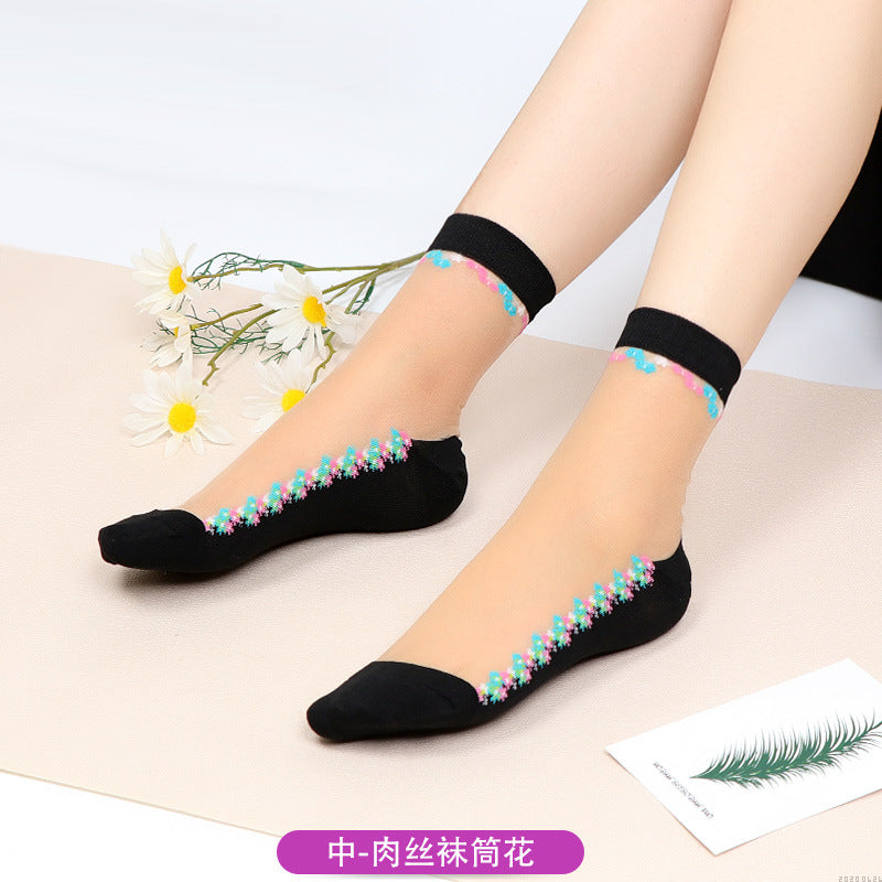 Fashion floral pattern series crystal silk stockings mid-calf women's stockings transparent glass silk with cotton bottom manufacturer