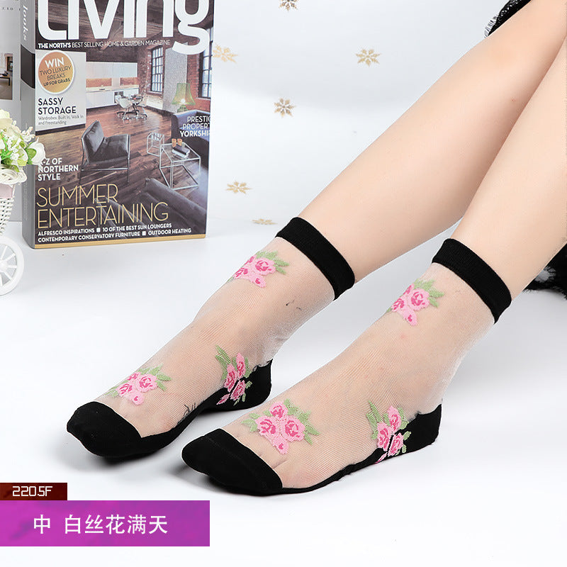 Fashion floral pattern series crystal silk stockings mid-calf women's stockings transparent glass silk with cotton bottom manufacturer