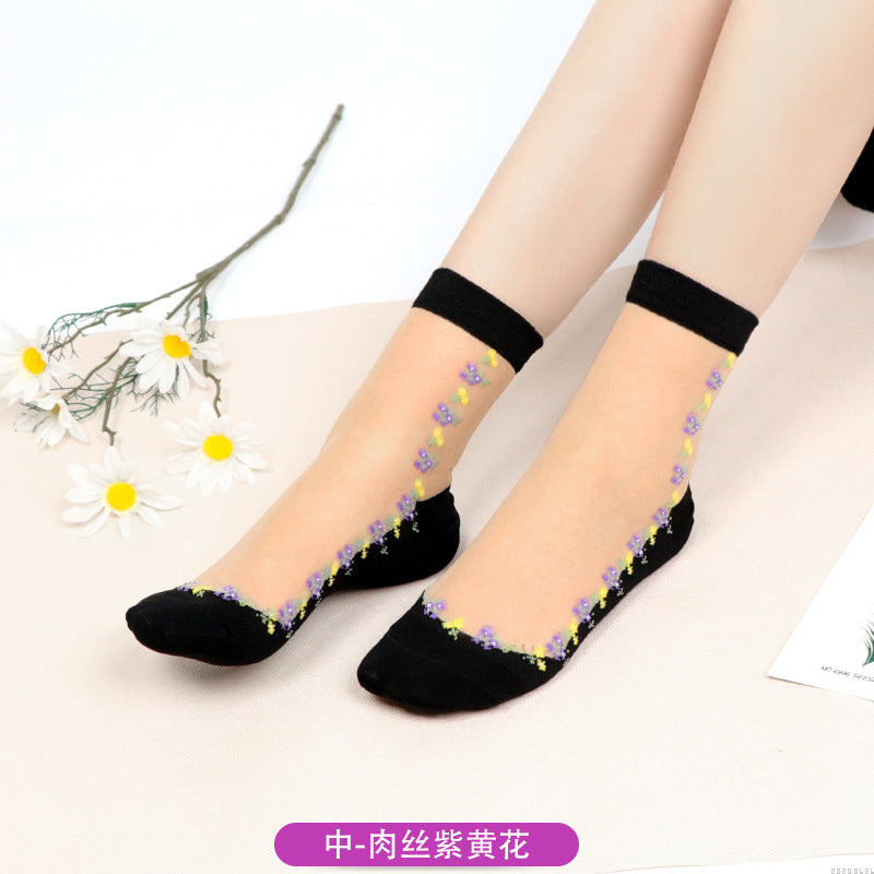 Fashion floral pattern series crystal silk stockings mid-calf women's stockings transparent glass silk with cotton bottom manufacturer
