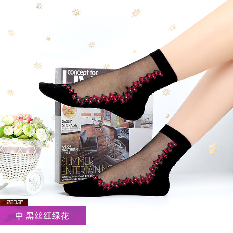 Fashion floral pattern series crystal silk stockings mid-calf women's stockings transparent glass silk with cotton bottom manufacturer