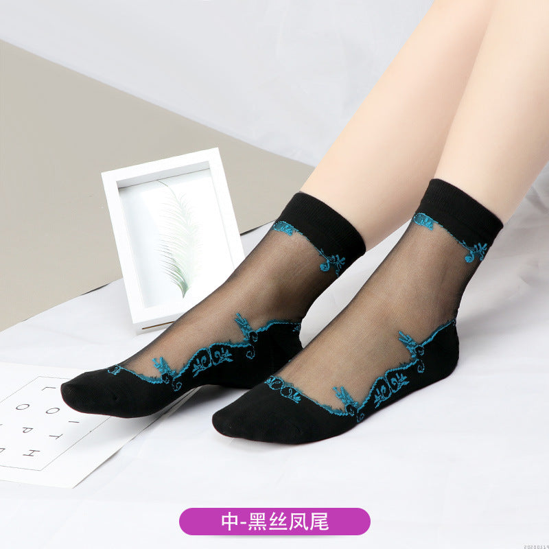Fashion floral pattern series crystal silk stockings mid-calf women's stockings transparent glass silk with cotton bottom manufacturer