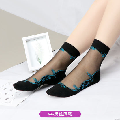 Fashion floral pattern series crystal silk stockings mid-calf women's stockings transparent glass silk with cotton bottom manufacturer