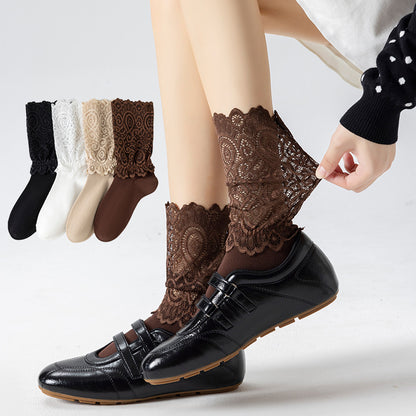 Sockchildren Autumn/Winter Lace Edging Layered Socks for Ladies Mid-Length Trendy Socks