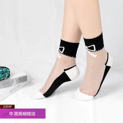 Summer ice silk stockings - children's polka dot striped butterfly glass silk stockings mid-calf crystal silk cardigan skin-colored short socks, thin style