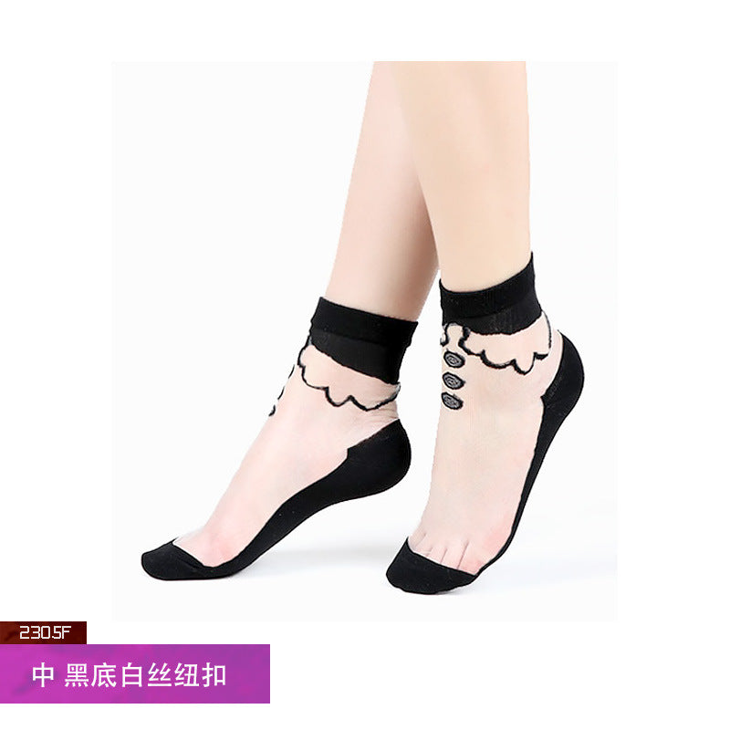 Summer ice silk stockings - children's polka dot striped butterfly glass silk stockings mid-calf crystal silk cardigan skin-colored short socks, thin style