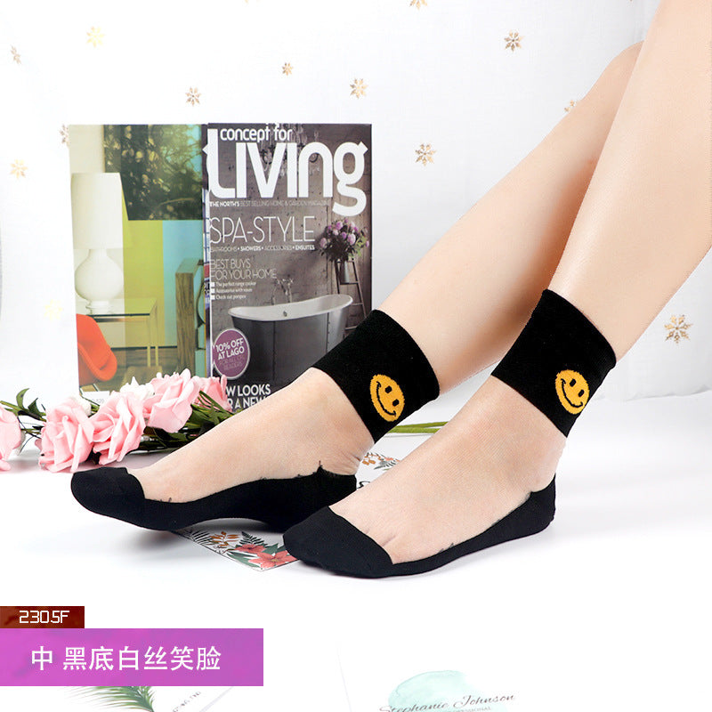 Summer ice silk stockings - children's polka dot striped butterfly glass silk stockings mid-calf crystal silk cardigan skin-colored short socks, thin style