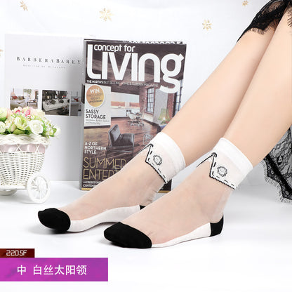 Summer ice silk stockings - children's polka dot striped butterfly glass silk stockings mid-calf crystal silk cardigan skin-colored short socks, thin style