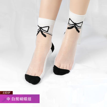 Summer ice silk stockings - children's polka dot striped butterfly glass silk stockings mid-calf crystal silk cardigan skin-colored short socks, thin style