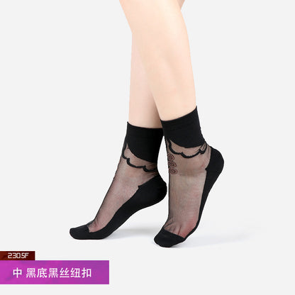 Summer ice silk stockings - children's polka dot striped butterfly glass silk stockings mid-calf crystal silk cardigan skin-colored short socks, thin style