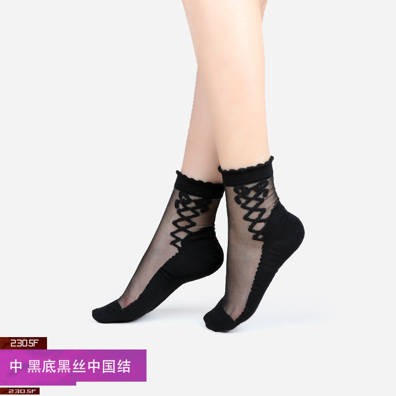 Summer ice silk stockings - children's polka dot striped butterfly glass silk stockings mid-calf crystal silk cardigan skin-colored short socks, thin style