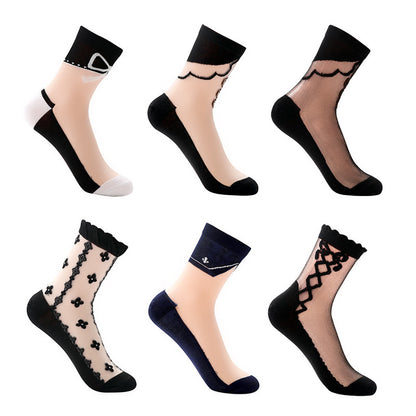 Summer ice silk stockings - children's polka dot striped butterfly glass silk stockings mid-calf crystal silk cardigan skin-colored short socks, thin style