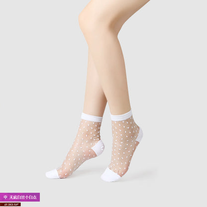 Summer ice silk stockings - children's polka dot striped butterfly glass silk stockings mid-calf crystal silk cardigan skin-colored short socks, thin style