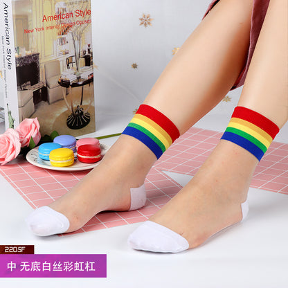 Summer ice silk stockings - children's polka dot striped butterfly glass silk stockings mid-calf crystal silk cardigan skin-colored short socks, thin style