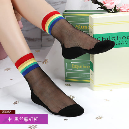 Summer ice silk stockings - children's polka dot striped butterfly glass silk stockings mid-calf crystal silk cardigan skin-colored short socks, thin style