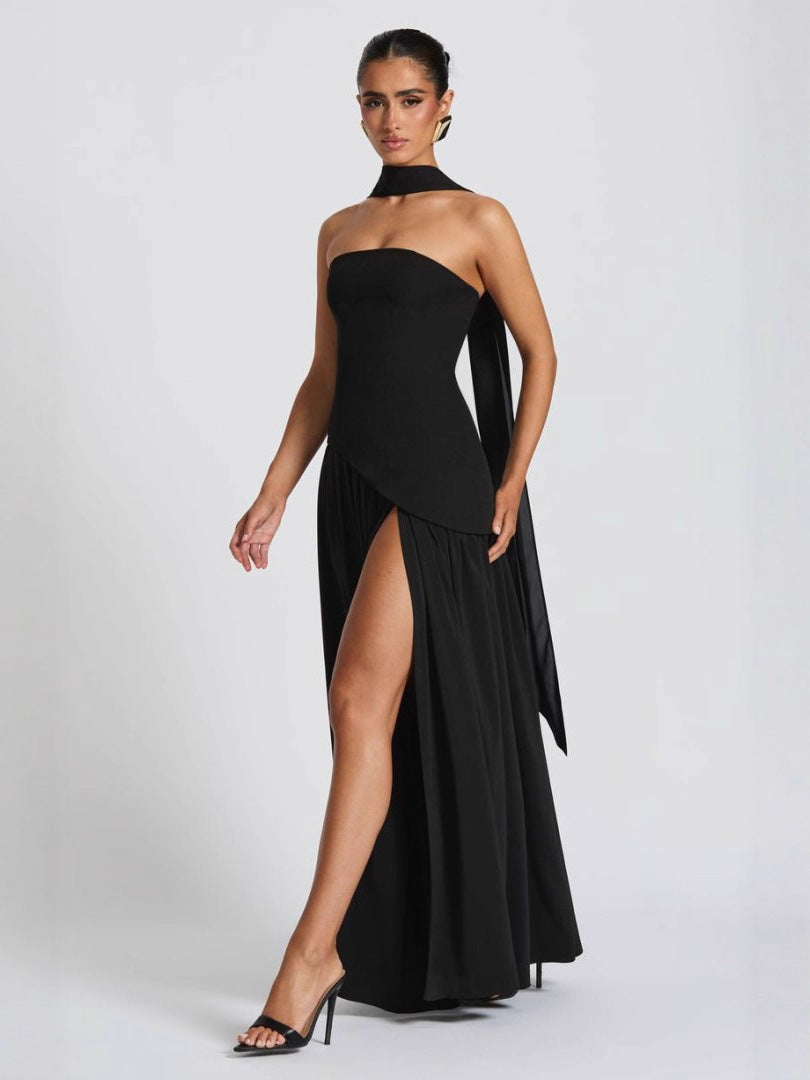 Sexy off-the-shoulder backless slit elegant high-end dress