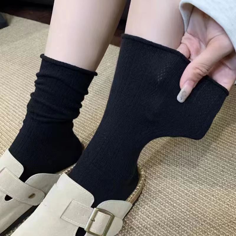 Sock children - Spring and Summer white pile-up socks, pure color, summer lightweight mid-calf mesh ballet breathable lace stockings
