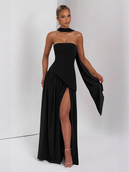 Sexy off-the-shoulder backless slit elegant high-end dress