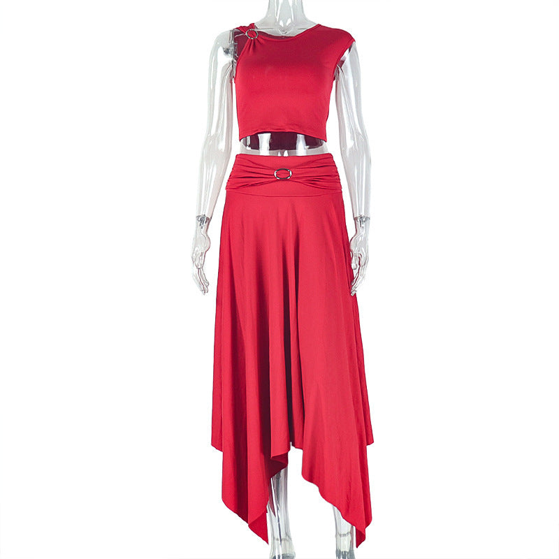 European women's fashion - Y2K style casual and fashionable solid color off-shoulder V-neck top and skirt set