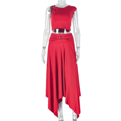 European women's fashion - Y2K style casual and fashionable solid color off-shoulder V-neck top and skirt set