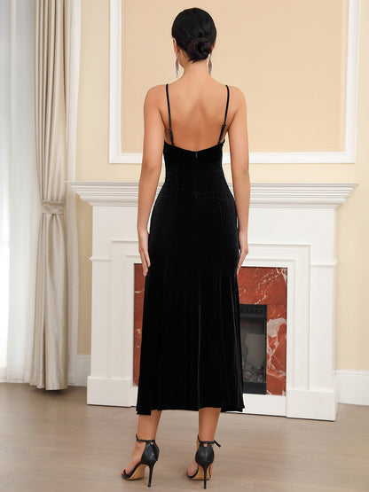 Women's sexy strapless bow tie high-waisted frayed velvet long dress for party formal wear