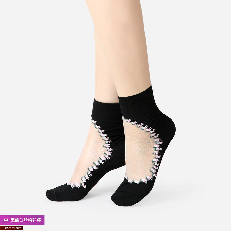 Fashion floral pattern series crystal silk stockings mid-calf women's stockings transparent glass silk with cotton bottom manufacturer