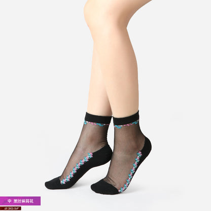 Fashion floral pattern series crystal silk stockings mid-calf women's stockings transparent glass silk with cotton bottom manufacturer