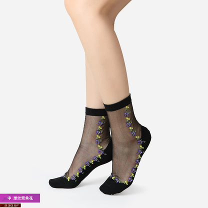 Fashion floral pattern series crystal silk stockings mid-calf women's stockings transparent glass silk with cotton bottom manufacturer