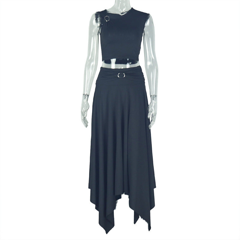 European women's fashion - Y2K style casual and fashionable solid color off-shoulder V-neck top and skirt set