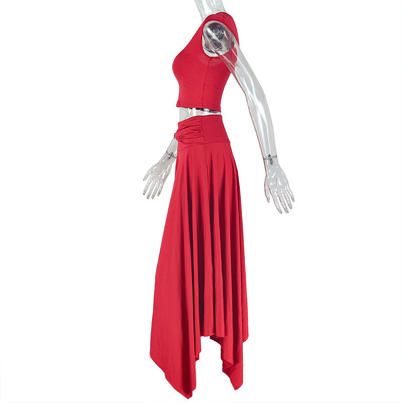 European women's fashion - Y2K style casual and fashionable solid color off-shoulder V-neck top and skirt set
