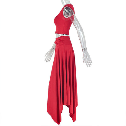European women's fashion - Y2K style casual and fashionable solid color off-shoulder V-neck top and skirt set