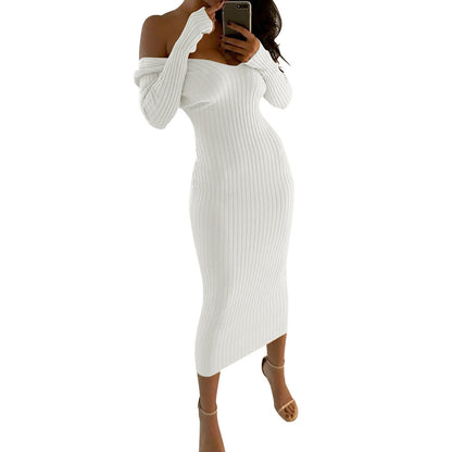Women's European and American style autumn/winter nightclub sexy off-shoulder V-neck bodycon slim dress