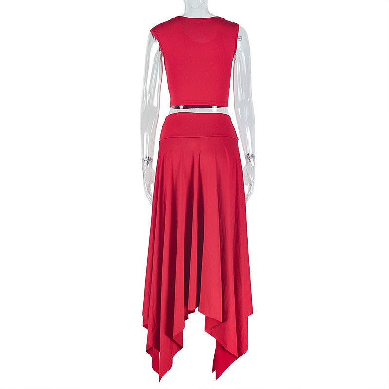 European women's fashion - Y2K style casual and fashionable solid color off-shoulder V-neck top and skirt set