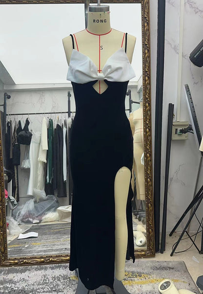 Women's sexy strapless bow tie high-waisted frayed velvet long dress for party formal wear