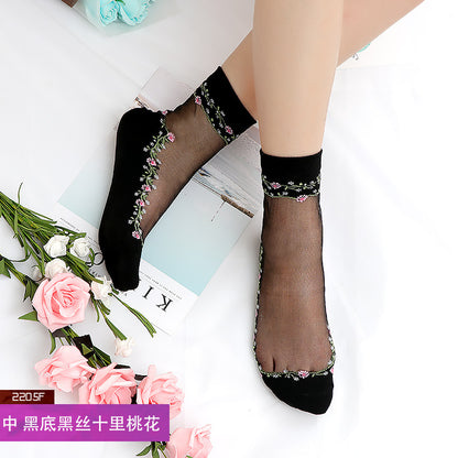Fashion floral pattern series crystal silk stockings mid-calf women's stockings transparent glass silk with cotton bottom manufacturer