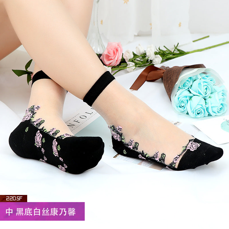 Fashion floral pattern series crystal silk stockings mid-calf women's stockings transparent glass silk with cotton bottom manufacturer