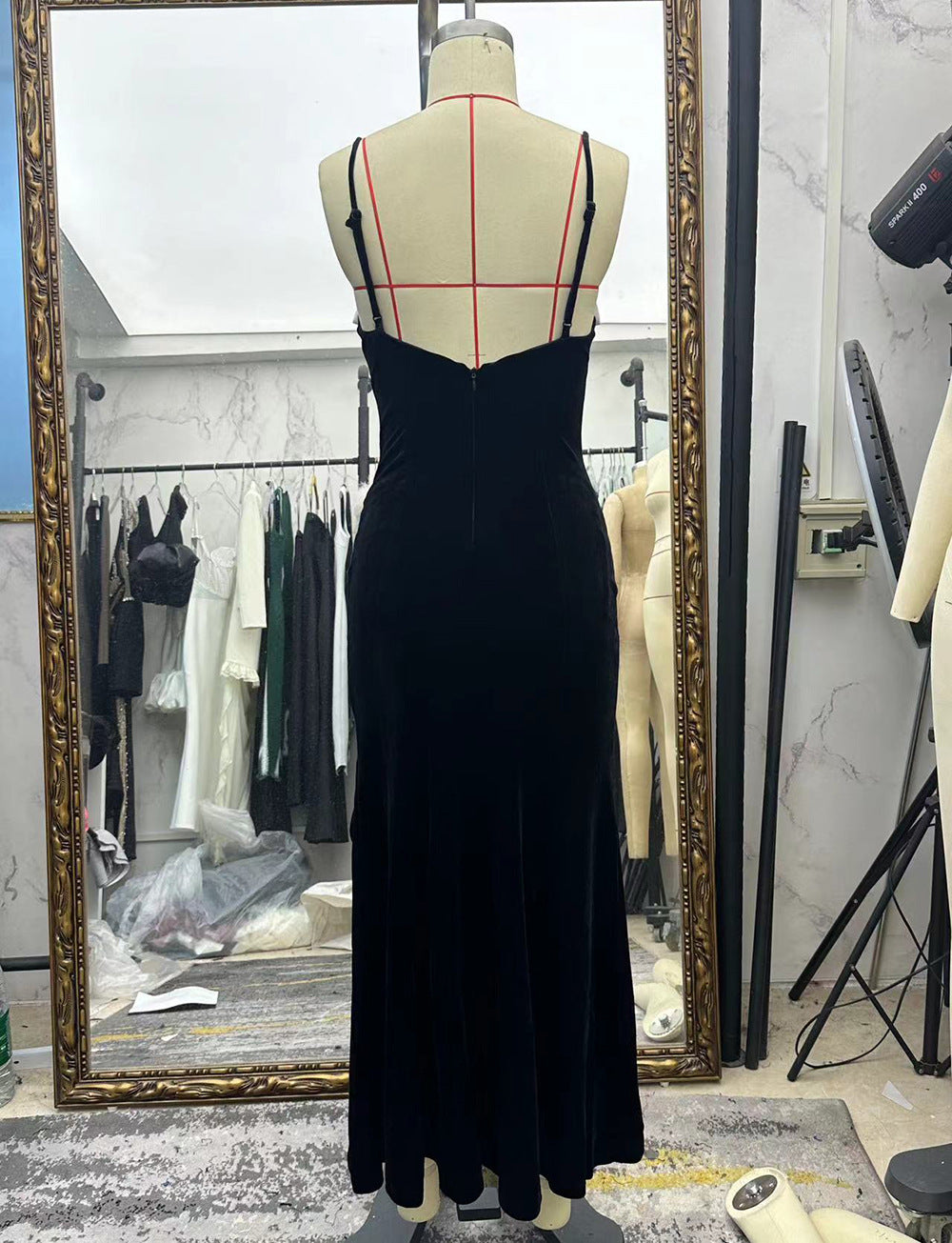 Women's sexy strapless bow tie high-waisted frayed velvet long dress for party formal wear
