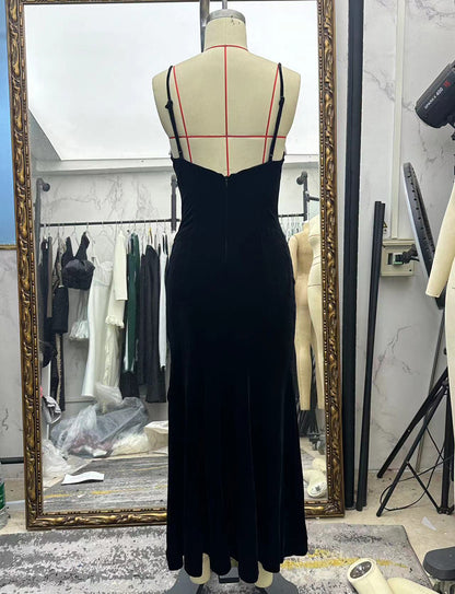 Women's sexy strapless bow tie high-waisted frayed velvet long dress for party formal wear