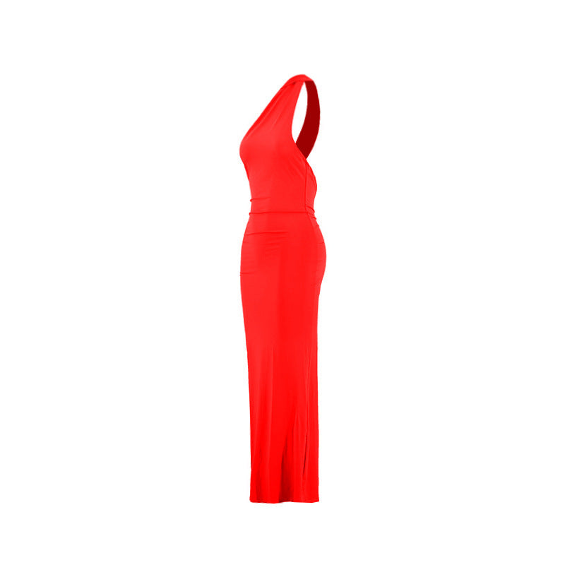 Summer women's fashionable backless, halter-neck, figure-hugging, curvaceous evening dress with a fitted bodice. Women's dress.