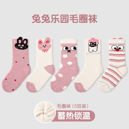 儿童袜子24秋冬批发可爱猫咪波点女童袜子保暖棉质儿童加厚毛圈袜