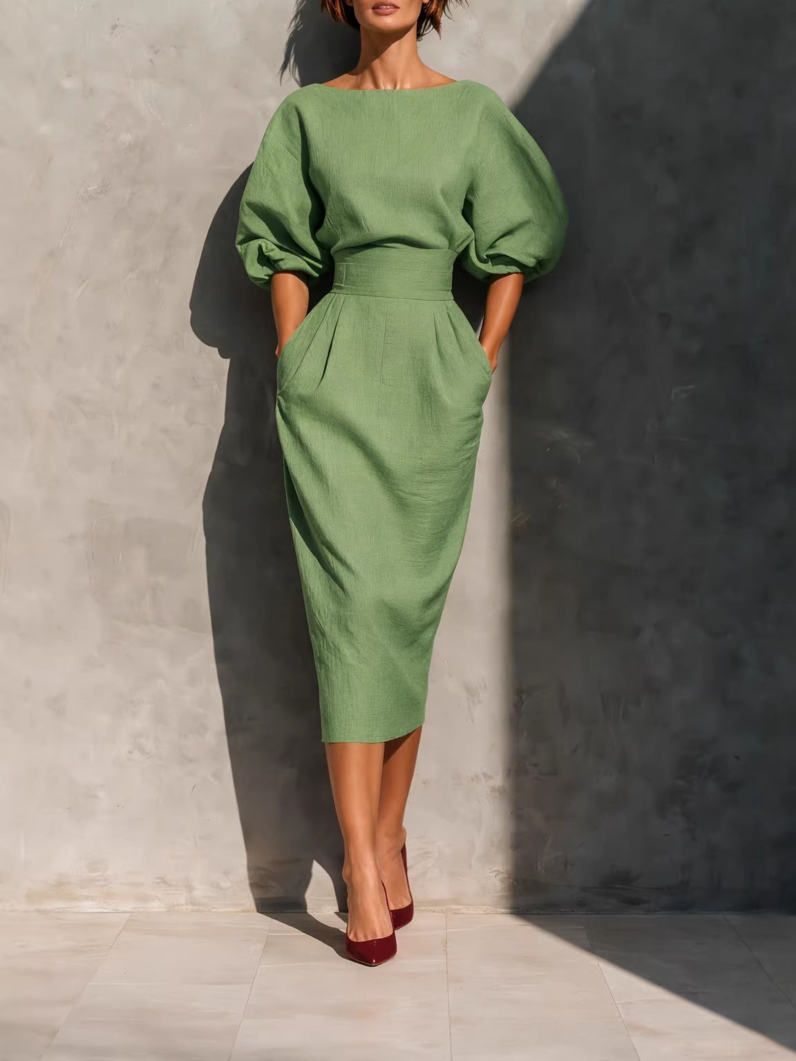 Spring/Summer style elegant boat-neck A-line skirt with puff sleeves top paired with high-waisted pleated half-skirt perfectly showcases retro style.
