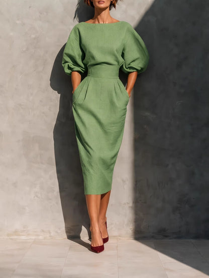 Spring/Summer style elegant boat-neck A-line skirt with puff sleeves top paired with high-waisted pleated half-skirt perfectly showcases retro style.